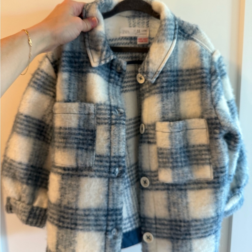 Zara Kids Blue and White Plaid shacket 4/5T